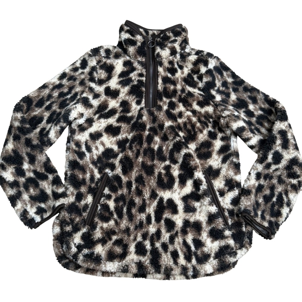 Cozy Sherpa Quarter Zip Fleece Pullover Women Size Small Leopard Soft Boho